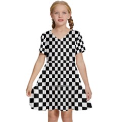 Illusion Checkerboard Black And White Pattern Kids  Short Sleeve Tiered Mini Dress