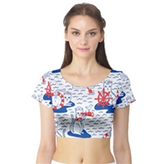 Nautical Cats Seamless Pattern Short Sleeve Crop Top by Jancukart