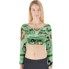 Seamless Pattern Fishes Pirates Cartoon Long Sleeve Crop Top by Jancukart