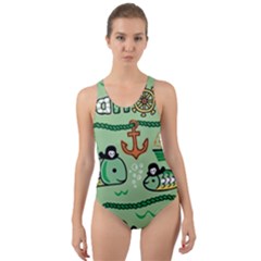 Seamless Pattern Fishes Pirates Cartoon Cut-out Back One Piece Swimsuit