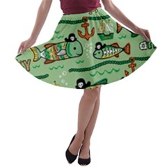 Seamless Pattern Fishes Pirates Cartoon A-line Skater Skirt by Jancukart