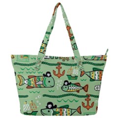 Seamless Pattern Fishes Pirates Cartoon Full Print Shoulder Bag