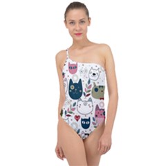 Pattern With Cute Cat Heads Classic One Shoulder Swimsuit by Jancukart