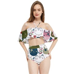 Pattern With Cute Cat Heads Halter Flowy Bikini Set  by Jancukart