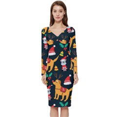 Funny Christmas Pattern Background Long Sleeve V-Neck Bodycon Dress 