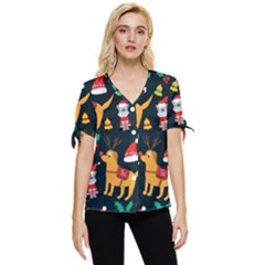 Funny Christmas Pattern Background Bow Sleeve Button Up Top