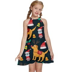 Funny Christmas Pattern Background Kids  Halter Collar Waist Tie Chiffon Dress