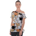 Cute-cat-kitten-cartoon-doodle-seamless-pattern Off Shoulder Tie-Up Tee View1