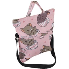 Seamless Pattern Adorable Cat Inside Cup Fold Over Handle Tote Bag