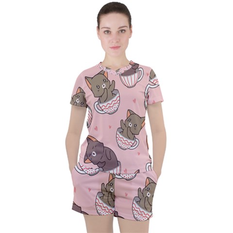 Seamless Pattern Adorable Cat Inside Cup Women s Tee And Shorts Set by Jancukart