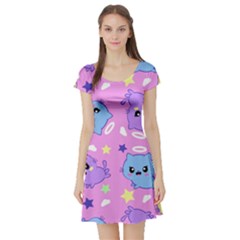 Seamless Pattern With Cute Kawaii Kittens Short Sleeve Skater Dress by Jancukart