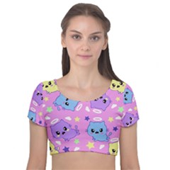 Seamless Pattern With Cute Kawaii Kittens Velvet Short Sleeve Crop Top  by Jancukart