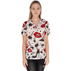 Red Lips Black Heels Pattern Women s V-neck Scrub Top by Jancukart