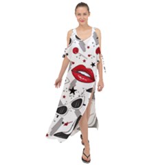 Red Lips Black Heels Pattern Maxi Chiffon Cover Up Dress