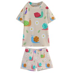 Seamless Pattern Cute Snail With Flower Leaf Kids  Swim Tee And Shorts Set by Jancukart