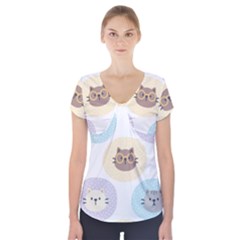 Cute Cat Seamless Pattern Background Short Sleeve Front Detail Top by Jancukart