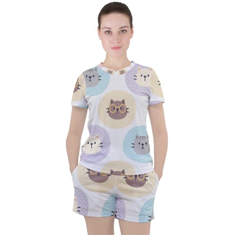 Cute Cat Seamless Pattern Background Women s Tee And Shorts Set by Jancukart