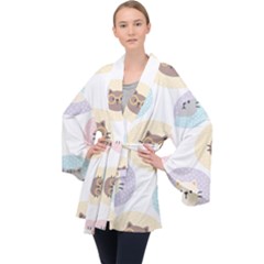 Cute Cat Seamless Pattern Background Long Sleeve Velvet Kimono 