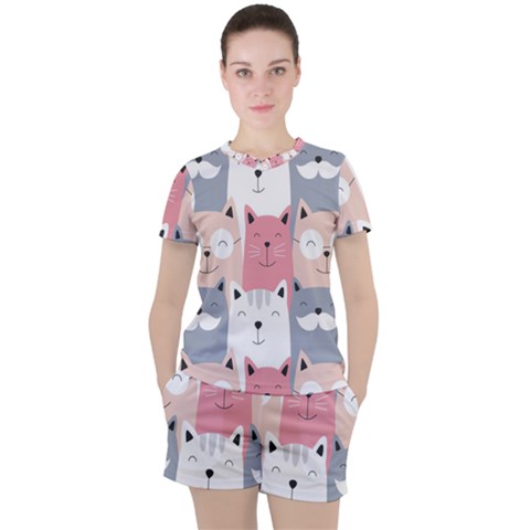 Cute Seamless Pattern With Cats Women s Tee And Shorts Set by Jancukart