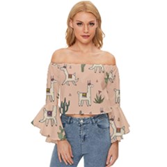 Llamas+pattern Off Shoulder Flutter Bell Sleeve Top