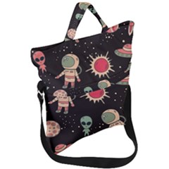 Space Pattern Cartoon Fold Over Handle Tote Bag by Jancukart