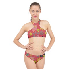 Aiflowers-pattern High Neck Bikini Set