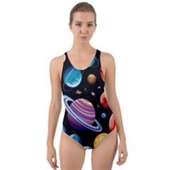Background-with-many-planets-space Cut-out Back One Piece Swimsuit