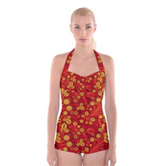 Seamless-pattern-slavic-folk-style Boyleg Halter Swimsuit 