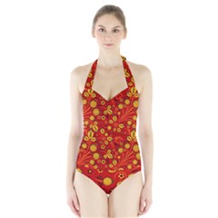 Seamless-pattern-slavic-folk-style Halter Swimsuit