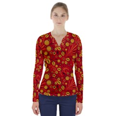 Seamless-pattern-slavic-folk-style V-Neck Long Sleeve Top