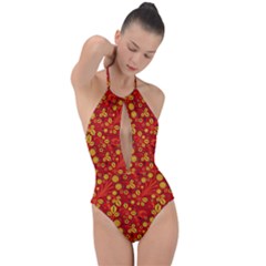 Seamless-pattern-slavic-folk-style Plunge Cut Halter Swimsuit
