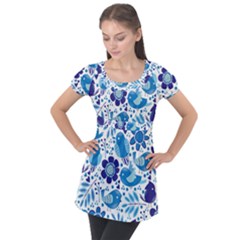 Pattern-with-birds Puff Sleeve Tunic Top by Jancukart