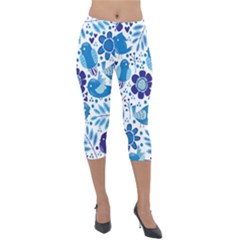 Pattern-with-birds Lightweight Velour Capri Leggings 