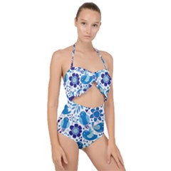Pattern-with-birds Scallop Top Cut Out Swimsuit