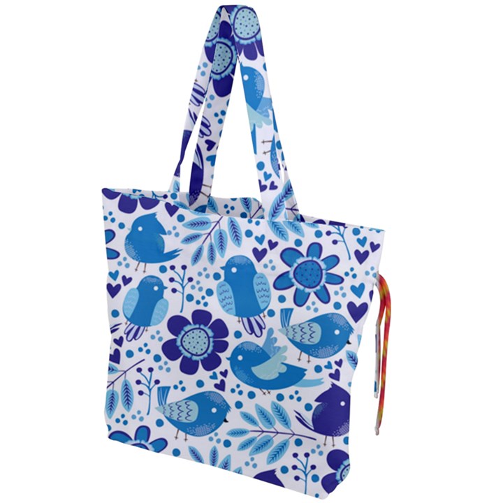 Pattern-with-birds Drawstring Tote Bag