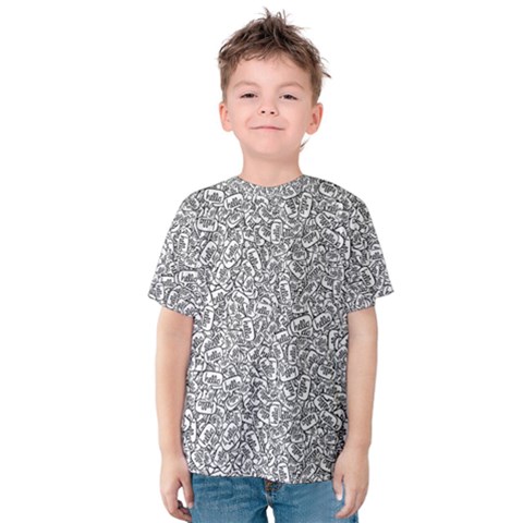 Black And White Hello Text Motif Random Pattern Kids  Cotton Tee by dflcprintsclothing