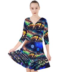 Peacock Feather Drop Quarter Sleeve Front Wrap Dress by artworkshop