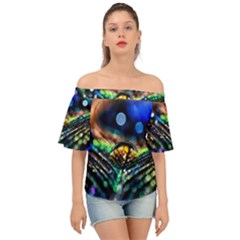 Peacock Feather Drop Off Shoulder Short Sleeve Top