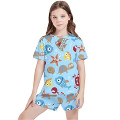 Seamless-pattern-funny-marine-animals-cartoon Kids  Tee And Sports Shorts Set by Jancukart