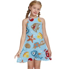 Seamless-pattern-funny-marine-animals-cartoon Kids  Halter Collar Waist Tie Chiffon Dress by Jancukart