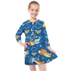 Seamless-pattern-with-nice-planes-cartoon Kids  Quarter Sleeve Shirt Dress by Jancukart