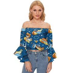 Seamless-pattern-with-nice-planes-cartoon Off Shoulder Flutter Bell Sleeve Top