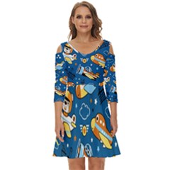 Seamless-pattern-with-nice-planes-cartoon Shoulder Cut Out Zip Up Dress