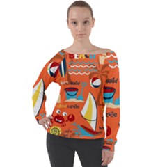 Seamless-pattern-vector-beach-holiday-theme-set Off Shoulder Long Sleeve Velour Top