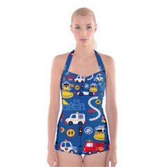 Seamless-pattern-vector-rescue-team-cartoon Boyleg Halter Swimsuit 