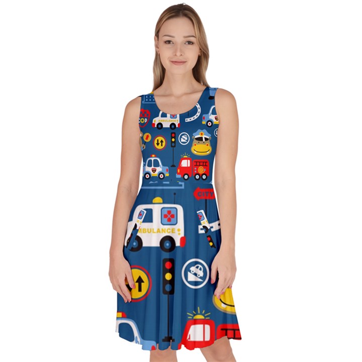 Seamless-pattern-vector-rescue-team-cartoon Knee Length Skater Dress With Pockets