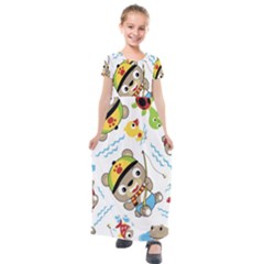 Vector-seamless-pattern-cute-fishing-animals-cartoon Kids  Short Sleeve Maxi Dress