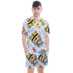 Vector-seamless-pattern-cute-fishing-animals-cartoon Men s Mesh Tee And Shorts Set