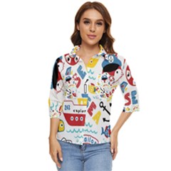 Seamless-pattern-vector-sailing-equipments-cartoon Women s Quarter Sleeve Pocket Shirt