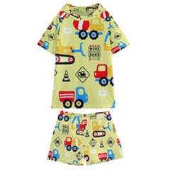 Seamless-pattern-vector-industrial-vehicle-cartoon Kids  Swim Tee And Shorts Set